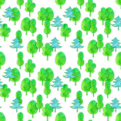 Cartoon stylized forest. Seamless pattern. Colored pensils