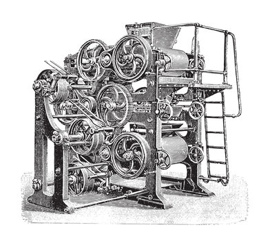 Old chocolate manufactory machine / vintage illustration from Brockhaus Konversations-Lexikon 1908