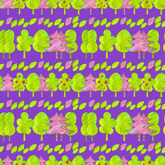Cartoon garden trees on a white background. Seamless pattern. Colored pencils