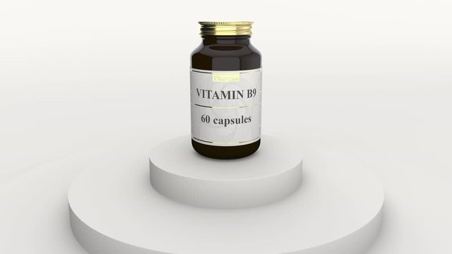 Medicine glass bottle with generic vitamin B9 capsules and fictional logo. Healthy lifestyle supplements or pharmaceutical industry related 3D animation