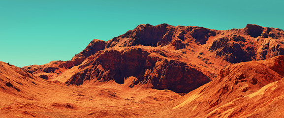 Mars landscape, 3d render of imaginary mars planet terrain, science fiction illustration. © Cobalt