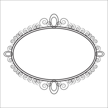 Black oval frame with swirls of different sizes on a white background in the Rococo style. Use for cards, banners, signage. Price tags, boxes, invitations, web design. Vector.