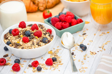 Breakfast Served in the morning with Butter croissant and corn flakes Whole grains and raisins with milk in cups and Strawberry, Blueberry, Raspberry, Kiwi, Fresh Orange Juice on the breakfast table.