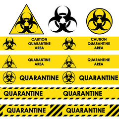 Biological hazard signs and seamless warning tapes for quarantine area set. Stock vector illustration.  - obrazy, fototapety, plakaty