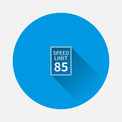 Vector Speed Limit 85 mph icon on blue background. Flat image with long shadow.