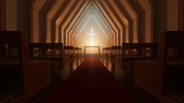 Interior of modern minimalistic chapel or church during a night. 4k HD