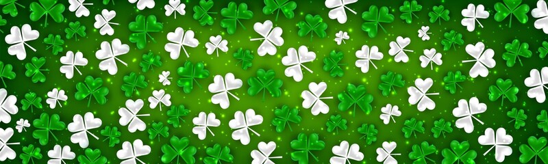 Saint Patricks Day banner, website or newsletter header with green clover leaves. Advertising template background design.Vector illustration.