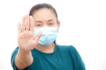 The image face of a young Asian woman wearing a mask to prevent germs, toxic fumes, and dust. Prevention of bacterial infection Corona virus or Covid 19 in a white background.