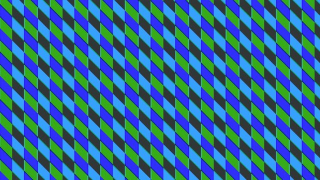 Two sets of color bars that move and oscillate with a hypnotic effect, an anchor point from top left to bottom right corner on the background, made up of different color strips.