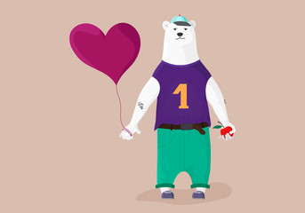 Dressed bear holding balloon. Cute animal vector illustration.