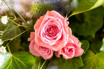 Details of a luxurious floral arrangement of a wedding or ceremony