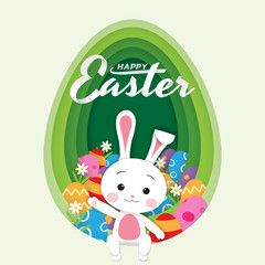 Happy Easter day concept, Paper art style of the cute white rabbit, flowers and eggs that are inside the green oval