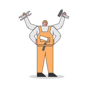 Handyman People Concept. Worker With Many Hands with Tools. Specialist In Uniform Overalls with Tools and Equipment for Home Repair and Renovation. Cartoon Outline Linear Flat Vector Illustration