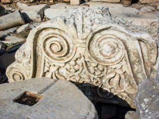 Ancient ruins in Ephesus Izmir Turkey - archeology background. Marble reliefs in Ephesus historical ancient city