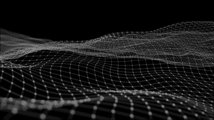 3D rendering of abstract digital waves and bright square particles in space. Futuristic background made of dots, particles and mesh. Large amount of data