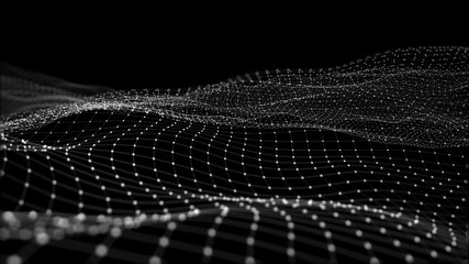 3D rendering of abstract digital waves and bright square particles in space. Futuristic background made of dots, particles and mesh. Large amount of data