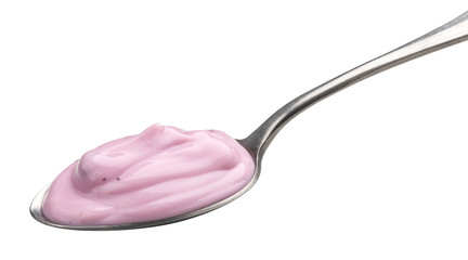 Blueberry yogurt in spoon isolated on white background
