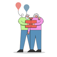 Happy Birthday Celebration Concept. Elderly People With Gift Box And Balloons. Man Give a Present To Woman. Happy People Embrace Each Other. Cartoon Linear Outline Flat Style. Vector Illustration