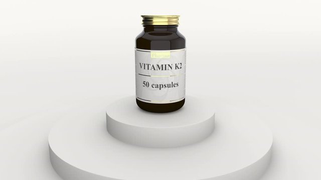 Bottle with generic vitamin K2 capsules and fictional logo. Healthy lifestyle supplements or pharmaceutical industry related 3D animation