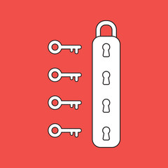 Vector illustration icon concept of padlock with four keyholes and keys.