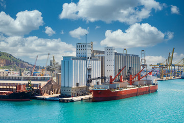 Obraz premium Large old freighters at an industrial shipping harbor in Barcelona, Spain