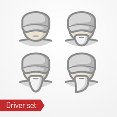 Set of typical simplistic driver faces in baseball cap. Old and young truck driver or delivery guy head isolated icon in flat style with shadow. Profession and people vector stock image.