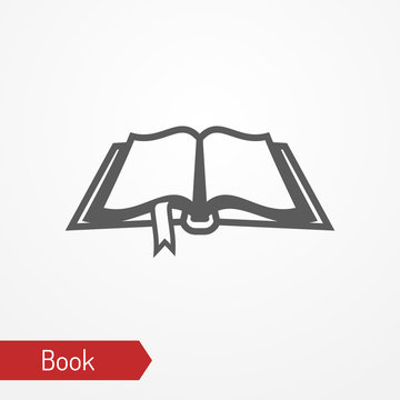 Abstract medieval opened book with bookmark. Old tome isolated icon in silhouette style. Typical ancient or fantastic law or spell book. Vector stock image.