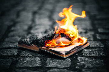 On the stone path of their cobblestones lies an old book, the pages of which burn with a bright flame and turn to ash. Destruction of dissent and heresy. - obrazy, fototapety, plakaty