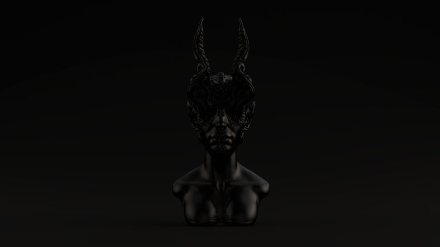 Black Antique Horned Demon Queen Statue Bust Black Background 3d illustration 3d render	