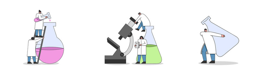 Laboratory Experiments Concept. Team of Chemists and Laboratory Technicians Is Making An Chemical Experiments Under Laboratory Conditions. Set Of Cartoon Linear Outline Flat Vector Illustrations