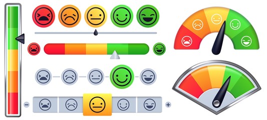 Customer satisfaction meter scale. Customer rate with green happy smile and sad red faces, emotion measurements scales vector set. Illustration customer satisfaction meter, survey emotion smile