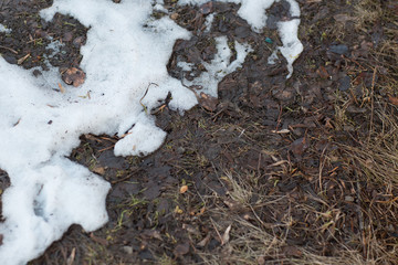 Spring puddles, snowdrifts, snow, mud and melted dirty water
