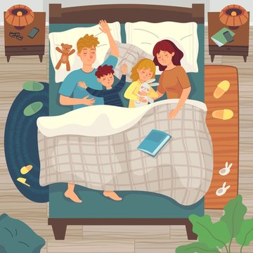 Children sleep in parents bed. Co-sleeping with child. Dad, mom and kids sleep together, asleep young boy and girl vector illustration. Family sleep together in bed, mother and father with kids