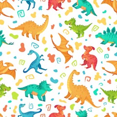 Cartoon dino seamless pattern. Cute triceratops, brontosaurus and tirex. Color dinosaurs vector illustration set. Seamless dinosaur and dino ancient, lizard raptor wildlife