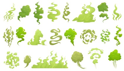 Smelling smoke. Bad smell cloud, green stink aroma and stinky smoke cartoon vector illustrartion set. Smell cloud and stink toxic, aroma stench - obrazy, fototapety, plakaty