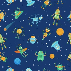  Naadloze ruimte robots patroon. Leuke robot in de ruimte met sterren en planeten, kleurrijke grappige robots cartoon vectorillustratie. Naadloze kosmos met Android en robot, universum met machine © Tartila