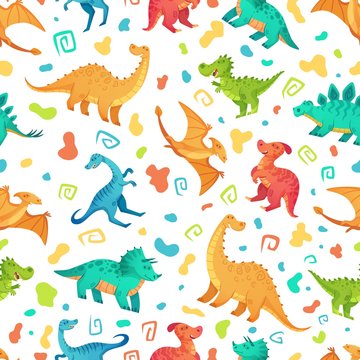 Cartoon dino seamless pattern. Cute triceratops, brontosaurus and tirex. Color dinosaurs vector illustration set. Seamless dinosaur and dino ancient, lizard raptor wildlife