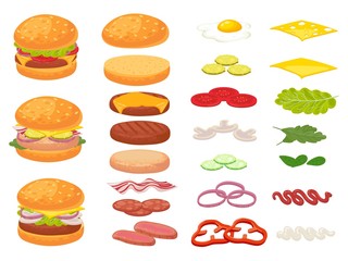 Cartoon burger ingredients. Hamburger, chop bun and tomato. Ham, fresh pickles and cheese slices. Fast food constructor vector illustration set. Sandwich burger and cheeseburger and ingredient