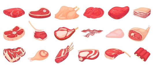 Cartoon raw meat. Bacon, steak and beef minced meat. Rack of ribs, chicken breast and pork loin vector set. Chicken and beef for barbecue, cartoon steak pork illustration