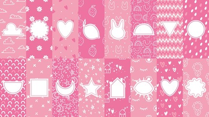 Cute patterns with badges. Pink pattern for little baby, girly abstract seamless textures for fabric print vector illustration set. Pattern baby fabric blacket collection