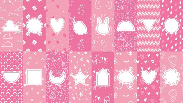 Cute patterns with badges. Pink pattern for little baby, girly abstract seamless textures for fabric print vector illustration set. Pattern baby fabric blacket collection