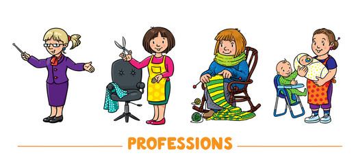 Womans professions. Vector funny characters set 1.