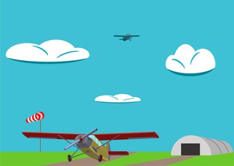 Light-engine aircraft stands on the runway of a small airfield, vector illustration