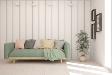 Modern living room in white color with sofa. Scandinavian interior design. 3D illustration