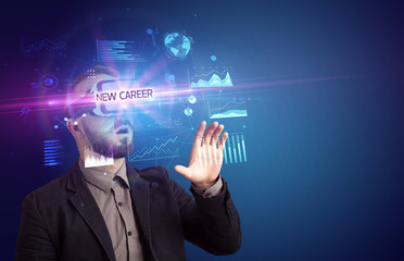 Businessman looking through Virtual Reality glasses with NEW CAREER inscription, new business concept