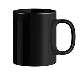 Black ceramic mug. Cup on transparent background. Realistic style. 3D style.