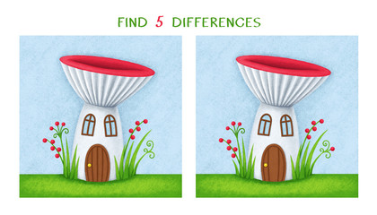 Find five differences. Simple educational game for kids. Digital illustration of the fairytale mushroom house