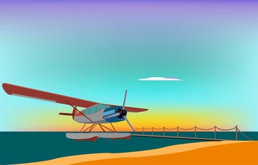 Fototapeta na wymiar The seaplane is on the water near the pier at sunset, vector illustration