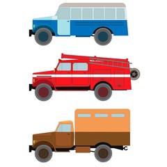 Bus, fire truck and cargo van isolated on white background, vector illustration