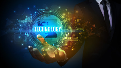 Elegant hand holding TECHNOLOGY inscription, digital technology concept